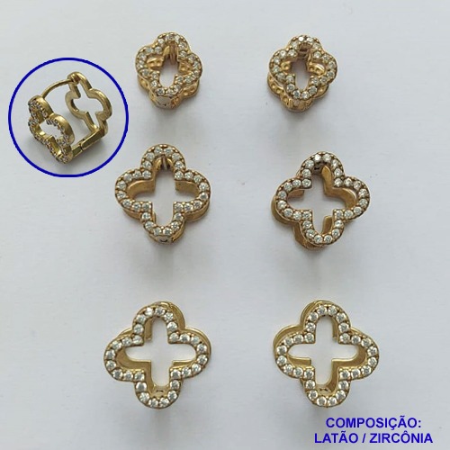 BRINCO NO BRUTO PRONTO PARA O BANHO (CX108) - BRINCO DE TRIO VAN CLEEF QUADRADA COM MICRO ZIRCÔNIAS - TAMANHOS: 10/8/6MM - PESO TOTAL 7,0GR - BRU14198