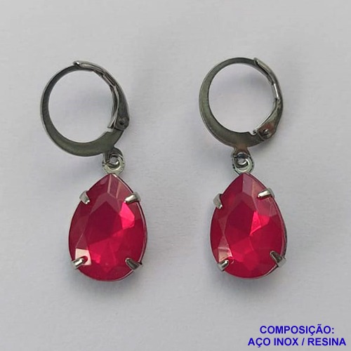 BRINCO EM AÇO INOXIDÁVEL - BRINCO ARGOLINHA DE PRESSÃO COM PINGENTE EM RESINA ROSA 3X7MM - COMPOSIÇÃO: AÇO INOXIDÁVEL - AÇO1803