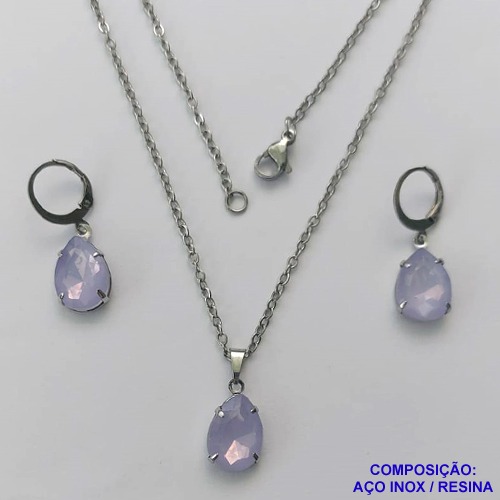 CONJUNTO EM AÇO INOXIDÁVEL - (AÇO03) GARGANTILHA COM CORRENTE 50CM E PINGENTE EM RESINA LILÁS 3X7MM - COMPOSIÇÃO: AÇO INOXIDÁVEL - AÇO1804