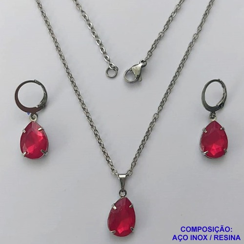 CONJUNTO EM AÇO INOXIDÁVEL - (AÇO03) GARGANTILHA COM CORRENTE 50CM E PINGENTE EM RESINA ROSA 3X7MM - COMPOSIÇÃO: AÇO INOXIDÁVEL - AÇO1805