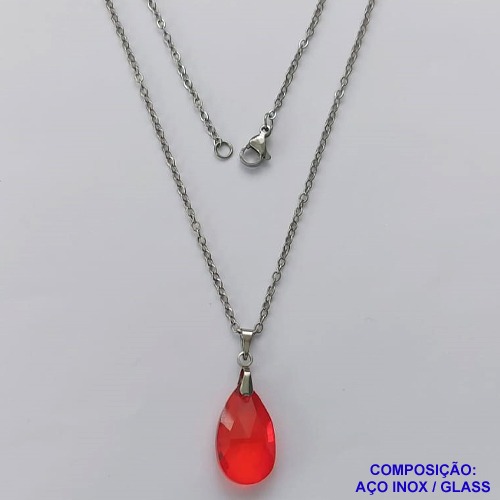 GARGANTILHA EM AÇO INOXIDÁVEL(CX108) - (AÇO03) GARGANTILHA COM CORRENTE 50CM E PINGENTE PEDRA GLASS VERMELHA 21X12MM - COMPOSIÇÃO: AÇO INOXIDÁVEL - AÇO1815