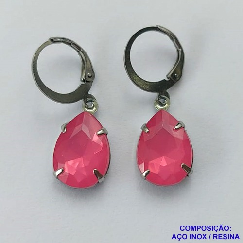BRINCO EM AÇO INOXIDÁVEL - BRINCO ARGOLINHA DE PRESSÃO COM PINGENTE EM RESINA ROSA 3X7MM - COMPOSIÇÃO: AÇO INOXIDÁVEL - AÇO1829