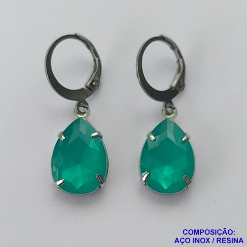 BRINCO EM AÇO INOXIDÁVEL - BRINCO ARGOLINHA DE PRESSÃO COM PINGENTE EM RESINA VERDE 3X7MM - COMPOSIÇÃO: AÇO INOXIDÁVEL - AÇO1830