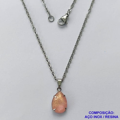 GARGANTILHA EM AÇO INOXIDÁVEL - (AÇO03) GARGANTILHA COM CORRENTE 50CM E PINGENTE EM RESINA SALMÃO COM BRILHOS 3X7MM - COMPOSIÇÃO: AÇO INOXIDÁVEL - AÇO1835