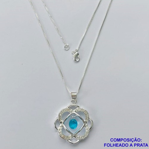 GARGANTILHA FOLHEADA A PRATA COM 50 MILÉSIMOS + VERNIZ DIAMOND - GARGANTILHA CORRENTE VENEZIANA 45CM PINGENTE CRAVEJADO COM MICRO ZIRCÔNIAS E E ZIRCÔNIA AZUL 26MM E FECHO LAGOSTA PRA166