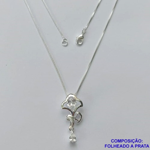 GARGANTILHA FOLHEADA A PRATA COM 50 MILÉSIMOS + VERNIZ DIAMOND - GARGANTILHA CORRENTE VENEZIANA 45CM PINGENTE COM  ZIRCÔNIAS CRISTAIS 19X12MM E FECHO LAGOSTA PRA167