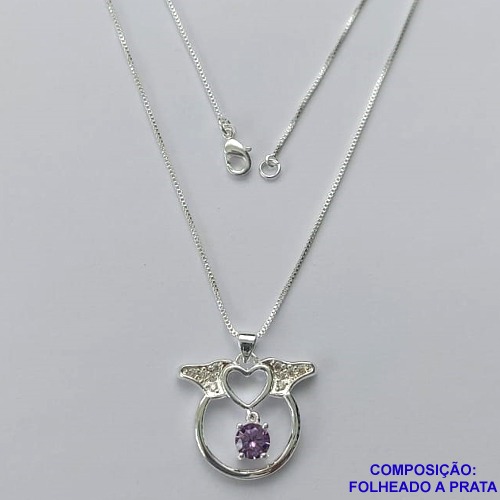 GARGANTILHA FOLHEADA A PRATA COM 50 MILÉSIMOS + VERNIZ DIAMOND - GARGANTILHA CORRENTE VENEZIANA 45CM PINGENTE COM  ZIRCÔNIA ROXA E MICRO ZIRCÔNIAS  23X20MM E FECHO LAGOSTA PRA168