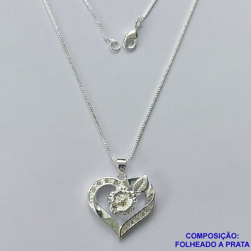 GARGANTILHA FOLHEADA A PRATA COM 50 MILÉSIMOS + VERNIZ DIAMOND - GARGANTILHA CORRENTE VENEZIANA 45CM PINGENTE CORAÇÃO COM FLOR E MICRO ZIRCÔNIAS 20MM E FECHO LAGOSTA PRA169