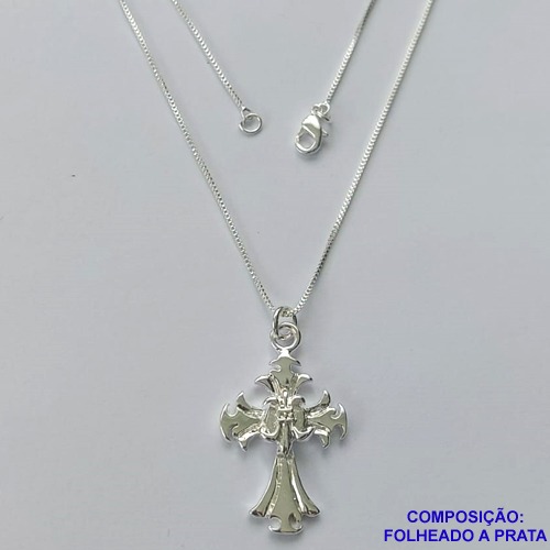 GARGANTILHA FOLHEADA A PRATA COM 50 MILÉSIMOS + VERNIZ DIAMOND - GARGANTILHA CORRENTE VENEZIANA 45CM PINGENTE CRUCIFIXO  28X19MM E FECHO LAGOSTA PRA170