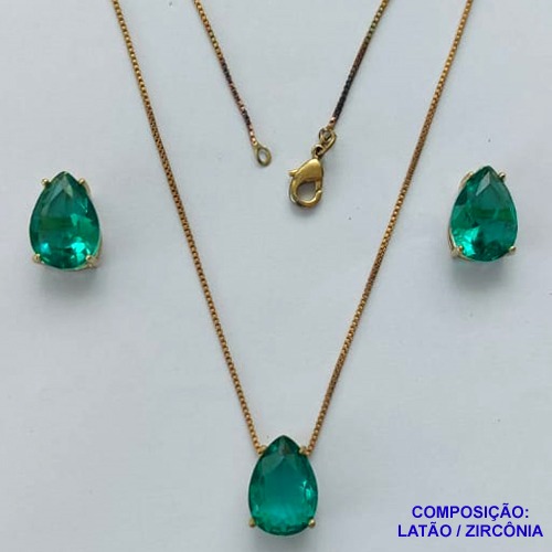 CONJUNTO NO BRUTO PRONTO PARA O BANHO - CORRENTE VENEZIANA 45CM E  PINGENTE DE  ZIRCÔNIA VERDE COM BASE EM ALTA FUSÃO E BRINCO EM ZIRCÔNIA VERDE BASE ALTA FUSÃO - TAMANHO 10X14 - PESO TOTAL 8,6GR -  BRU14230