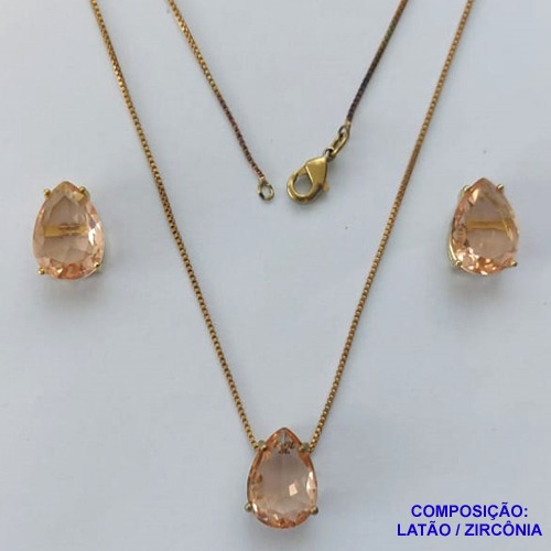 CONJUNTO NO BRUTO PRONTO PARA O BANHO - CORRENTE VENEZIANA 45CM E  PINGENTE DE  ZIRCÔNIA SALMÃO COM BASE EM ALTA FUSÃO E BRINCO EM ZIRCÔNIA SALMÃO BASE ALTA FUSÃO - TAMANHO 10X14 - PESO TOTAL 8,6GR -  BRU14236