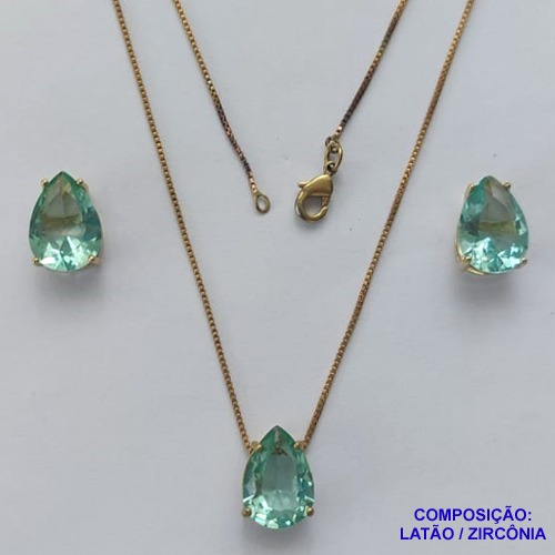 CONJUNTO NO BRUTO PRONTO PARA O BANHO - CORRENTE VENEZIANA 45CM E  PINGENTE DE  ZIRCÔNIA VERDE COM BASE EM ALTA FUSÃO E BRINCO EM ZIRCÔNIA VERDE BASE ALTA FUSÃO - TAMANHO 10X14 - PESO TOTAL 8,6GR -  BRU14240