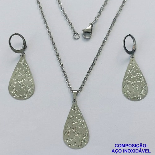 CONJUNTO EM AÇO INOXIDÁVEL (CX109)- (AÇO03) GARGANTILHA COM CORRENTE 50CM E PINGENTE GOTA DESENHADA 20X9MM E BRINCO ARGOLA DE PRESSÃO COM PINGENTE GOTA DESENHADA 20X9MM- COMPOSIÇÃO: AÇO INOXIDÁVEL - AÇO1842