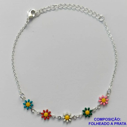 PULSEIRA FOLHEADA A PRATA COM 50 MILÉSIMOS + VERNIZ DIAMOND - PULSEIRA COM MARGARIDAS COLORIDAS - TAMANHO: 17CM + EXTENSOR E  FECHO LAGOSTA PRA171