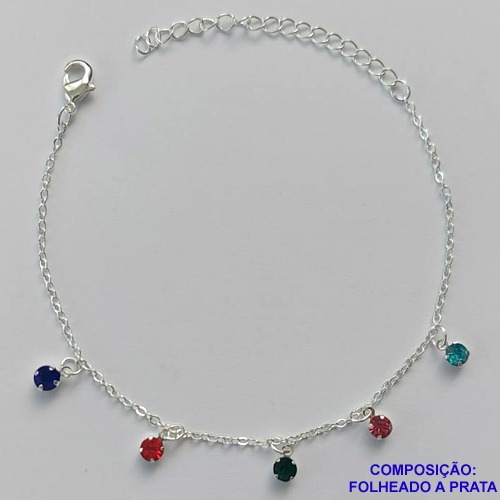 PULSEIRA FOLHEADA A PRATA COM 50 MILÉSIMOS + VERNIZ DIAMOND - PULSEIRA COM STRASS COLORIDOS - TAMANHO: 16CM + EXTENSOR E  FECHO LAGOSTA PRA172