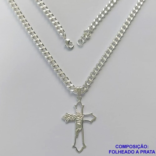 GARGANTILHA FOLHEADA A PRATA COM 80 MILÉSIMOS + VERNIZ CATAFORÉTICO - GARGANTILHA CORRENTE 60CM PINGENTE CRUCIFIXO FACE DE CRISTO 40X26MM - LARGURA 4MM E FECHO LAGOSTA PRA173