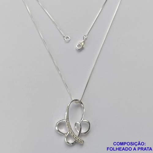 GARGANTILHA FOLHEADA A PRATA COM 50 MILÉSIMOS + VERNIZ DIAMOND- GARGANTILHA CORRENTE VENEZIANA 45CM PINGENTE BORBOLETA COM MICRO ZIRCÔNIAS CRISTAL 22X18MM - FECHO LAGOSTA PRA177