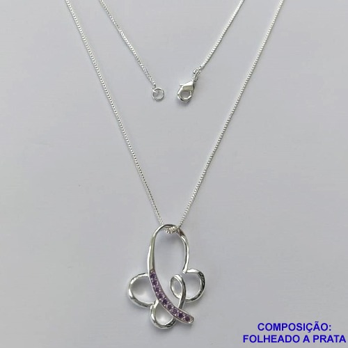 GARGANTILHA FOLHEADA A PRATA COM 50 MILÉSIMOS + VERNIZ DIAMOND- GARGANTILHA CORRENTE VENEZIANA 45CM PINGENTE BORBOLETA COM MICRO ZIRCÔNIAS LILÁS 22X18MM - FECHO LAGOSTA PRA178