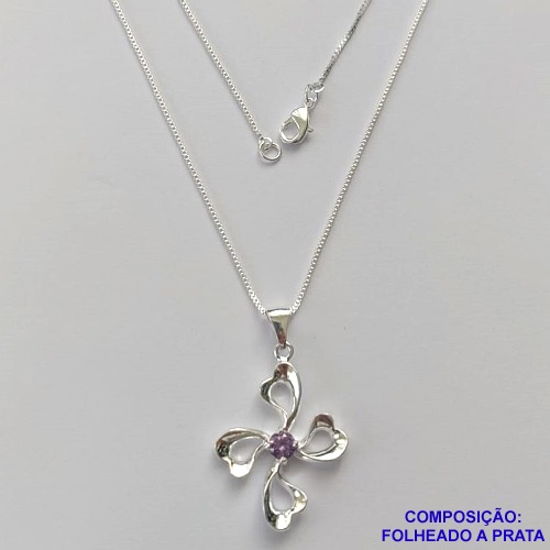 GARGANTILHA FOLHEADA A PRATA COM 50 MILÉSIMOS + VERNIZ DIAMOND- GARGANTILHA CORRENTE VENEZIANA 45CM PINGENTE FLOR ZIRCÔNIAS LILÁS 15MM - FECHO LAGOSTA PRA179