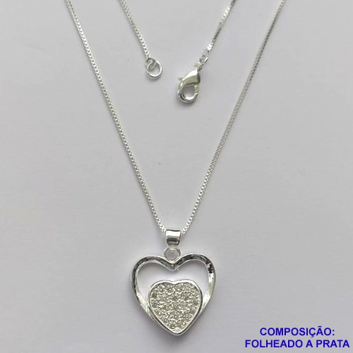 GARGANTILHA FOLHEADA A PRATA COM 50 MILÉSIMOS + VERNIZ DIAMOND- GARGANTILHA CORRENTE VENEZIANA 45CM PINGENTE CORAÇÃO VAZADO COM MICRO ZIRCÔNIAS 14MM - FECHO LAGOSTA PRA180