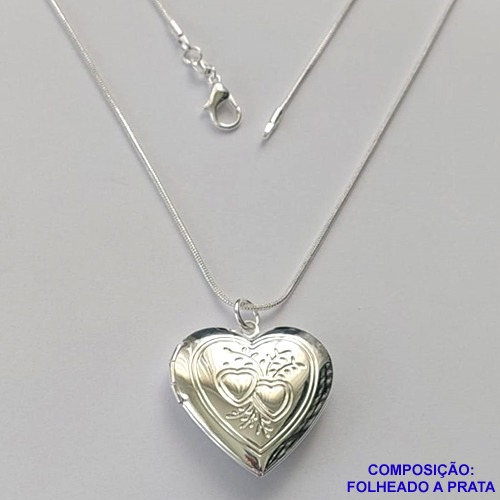 GARGANTILHA FOLHEADA A PRATA COM 50 MILÉSIMOS + VERNIZ DIAMOND- GARGANTILHA CORRENTE RABO DE RATO 40CM PINGENTE RELICÁRIO CORAÇÃO DESENHADO 25MM - FECHO LAGOSTA PRA183