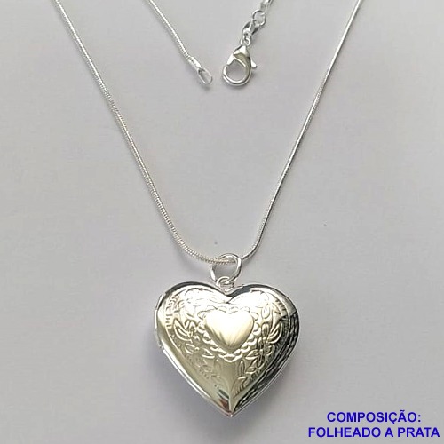 GARGANTILHA FOLHEADA A PRATA COM 50 MILÉSIMOS + VERNIZ DIAMOND- GARGANTILHA CORRENTE RABO DE RATO 40CM PINGENTE RELICÁRIO CORAÇÃO DESENHADO 25MM - FECHO LAGOSTA PRA184