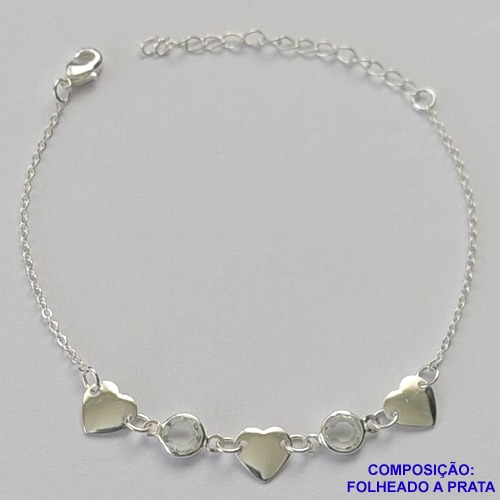PULSEIRA FOLHEADA A PRATA COM 50 MILÉSIMOS + VERNIZ DIAMOND - PULSEIRA CORAÇÃO LISO E PEDRA CRISTAL - TAMANHO: 16CM + EXTENSOR E  FECHO LAGOSTA PRA185