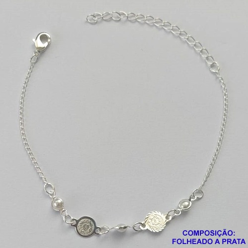 PULSEIRA FOLHEADA A PRATA COM 50 MILÉSIMOS + VERNIZ DIAMOND - PULSEIRA PINGENTE RELIGIOSO + PÉROLAS - TAMANHO: 16CM + EXTENSOR E  FECHO LAGOSTA PRA186