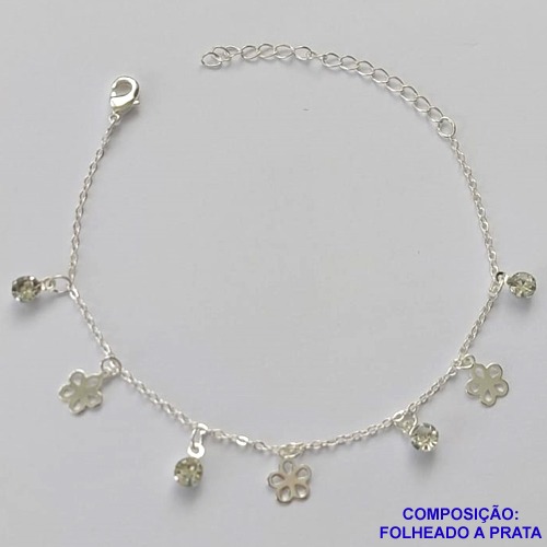 PULSEIRA FOLHEADA A PRATA COM 50 MILÉSIMOS + VERNIZ DIAMOND - PULSEIRA COM FLORES  E STRASS - TAMANHO: 16CM + EXTENSOR E  FECHO LAGOSTA PRA187