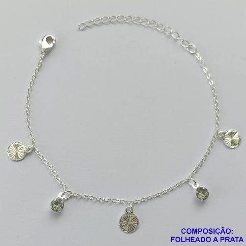 PULSEIRA FOLHEADA A PRATA COM 50 MILÉSIMOS + VERNIZ DIAMOND - PULSEIRA BOLINHAS LISAS COM STRASS- TAMANHO: 16CM + EXTENSOR E  FECHO LAGOSTA PRA188