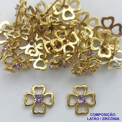 BRINCO NO BRUTO PRONTO PARA O BANHO (CX109)(BX001206C022) - BRINCO DE PINO FLOR COM ZIRCÔNIA LILÁS - TAMANHO 12MM - PESO TOTAL DO PAR 1.8GR - BRU104208