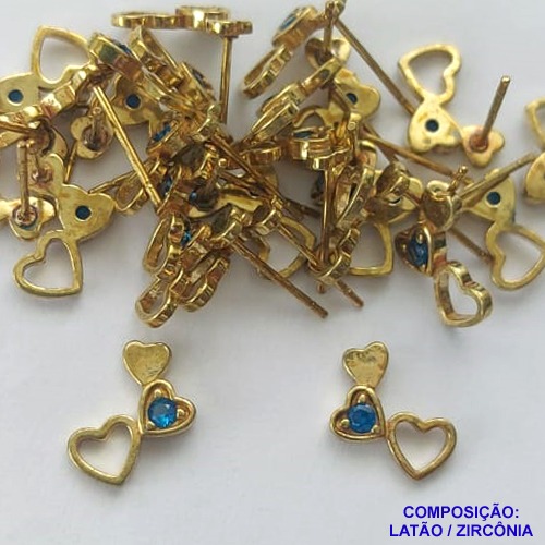 BRINCO NO BRUTO PRONTO PARA O BANHO (CX109)(BX001908C296) - BRINCO DE PINO CORAÇÃO COM MICRO ZIRCÔNIA AZUL - TAMANHO 9MM - PESO TOTAL DO PAR 0,8GR - BRU14242