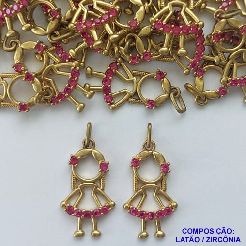 PINGENTE NO BRUTO PRONTO PARA O BANHO(CX109)(CX000042GC) - PINGENTE MENINA  CRAVEJADO EM MICROS ZIRCÔNIAS ROSAS - COMPOSIÇÃO: LATÃO / ZIRCÔNIA  - TAMANHO 12X22MM - PESO TOTAL 0,5GR - BRU14243