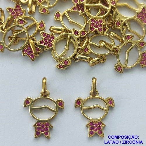 PINGENTE NO BRUTO PRONTO PARA O BANHO(CX109)(PX000002CG) - PINGENTE MENINA  CRAVEJADO EM MICROS ZIRCÔNIAS ROSAS - COMPOSIÇÃO: LATÃO / ZIRCÔNIA  - TAMANHO 11X13MM - PESO TOTAL 1,3GR - BRU14244