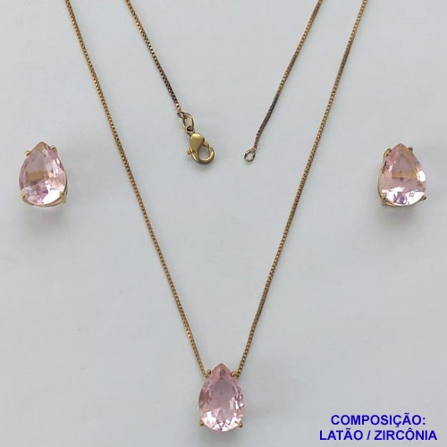CONJUNTO NO BRUTO PRONTO PARA O BANHO - CORRENTE VENEZIANA 45CM E  PINGENTE DE  ZIRCÔNIA ROSA COM BASE EM ALTA FUSÃO E BRINCO EM ZIRCÔNIA ROSA BASE ALTA FUSÃO - TAMANHO 10X14 - PESO TOTAL 8,6GR -  BRU14248