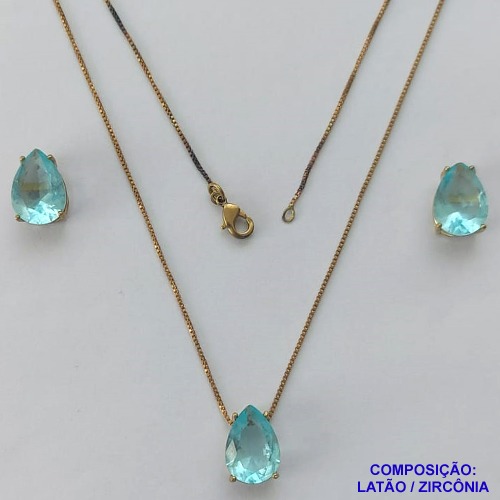 CONJUNTO NO BRUTO PRONTO PARA O BANHO - CORRENTE VENEZIANA 45CM E  PINGENTE DE  ZIRCÔNIA AZUL CLARA COM BASE EM ALTA FUSÃO E BRINCO EM ZIRCÔNIA AZUL CLARA  BASE ALTA FUSÃO - TAMANHO 10X14 - PESO TOTAL 8,6GR -  BRU14252