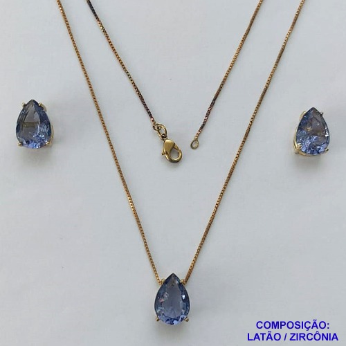 CONJUNTO NO BRUTO PRONTO PARA O BANHO - CORRENTE VENEZIANA 45CM E  PINGENTE DE  ZIRCÔNIA FUSION LILÁS COM BASE EM ALTA FUSÃO E BRINCO EM ZIRCÔNIA FUSION LILÁS BASE ALTA FUSÃO - TAMANHO 10X14 - PESO TOTAL 8,6GR -  BRU14257