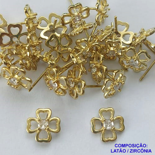 BRINCO NO BRUTO PRONTO PARA O BANHO (CX109)(BX001208W) - BRINCO DE PINO TREVO VAZADO COM MICRO ZIRCÔNIA CRISTAL - TAMANHO 10MM - PESO TOTAL DO PAR 1.3GR -  BRU14260