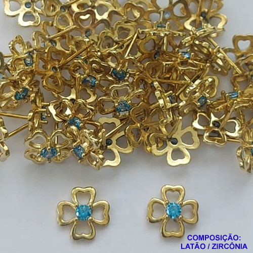 BRINCO NO BRUTO PRONTO PARA O BANHO (CX109)(BX001208 C296) - BRINCO DE PINO TREVO VAZADO COM MICRO ZIRCÔNIA AZUL - TAMANHO 10MM - PESO TOTAL DO PAR 1.3GR - BRU14261
