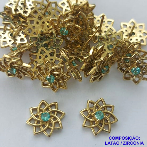 BRINCO NO BRUTO PRONTO PARA O BANHO (CX109)(BX001233 C037) - BRINCO DE PINO FLOR COM ZIRCÔNIA AZUL - TAMANHO 12MM - PESO TOTAL DO PAR 1.8GR - BRU14262