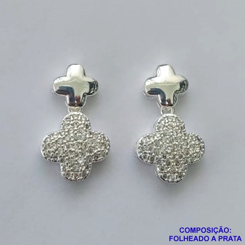 BRINCO FOLHEADO A PRATA - BRINCO DE PINO VAN CLEEF CRAVEJADOS EM MICROS ZIRCÔNIAS - PRA190