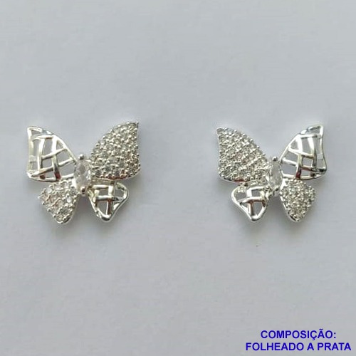 BRINCO FOLHEADO A PRATA - BRINCO DE PINO FORMATO LAÇO 15MM CRAVEJADOS EM MICROS ZIRCÔNIAS - PRA191