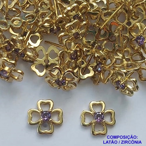 BRINCO NO BRUTO PRONTO PARA O BANHO (CX109)(BX001208C022) - BRINCO DE PINO FLOR COM ZIRCÔNIA LILÁS - TAMANHO 10MM - PESO TOTAL DO PAR 1.0GR - BRU104266