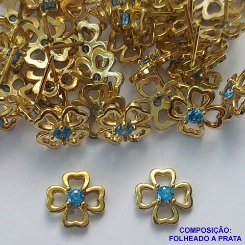 BRINCO NO BRUTO PRONTO PARA O BANHO (CX109)(BX001208C296) - BRINCO DE PINO FLOR COM ZIRCÔNIA AZUL- TAMANHO 10MM - PESO TOTAL DO PAR 1.0GR - BRU104267
