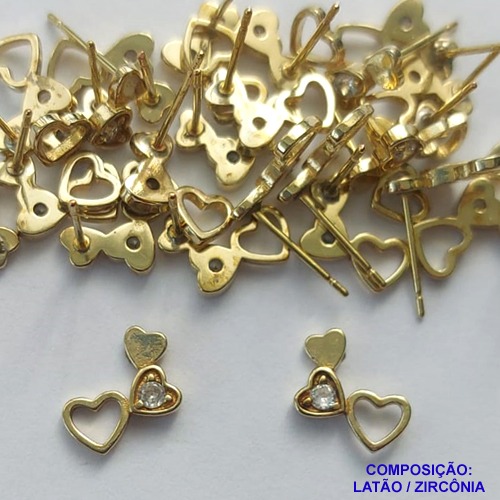 BRINCO NO BRUTO PRONTO PARA O BANHO (CX109)(BX001908W) - BRINCO DE PINO CORAÇÃO COM MICRO ZIRCÔNIA CRISTAL - TAMANHO 9MM - PESO TOTAL DO PAR 0,8GR - BRU14273