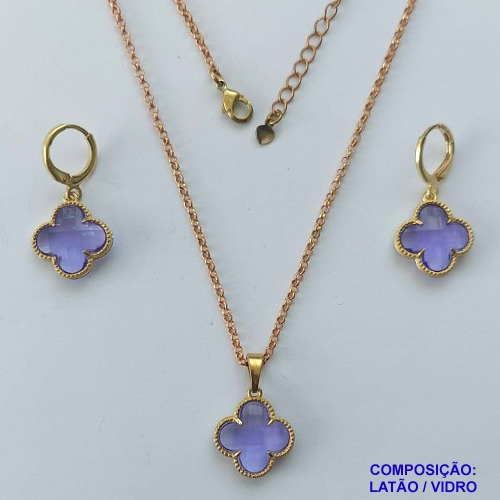 CONJUNTO NO BRUTO PRONTO PARA O BANHO - CORRENTE ELLO PORTUGUÊS 45CM E BRINCOS COM PINGENTES TIPO VAN CLEEF VIDRO LILÁS 15MM - PESO TOTAL 7,1GR - COMPOSIÇÃO: LATÃO / VIDRO - BRU14290