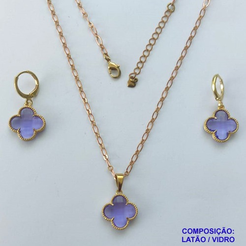 CONJUNTO NO BRUTO PRONTO PARA O BANHO - CORRENTE 45CM E BRINCOS COM PINGENTES TIPO VAN CLEEF VIDRO LILÁS 15MM - PESO TOTAL 6,9GR - COMPOSIÇÃO: LATÃO / VIDRO - BRU14291