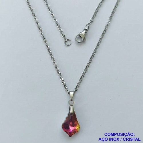 GARGANTILHA EM AÇO INOXIDÁVEL(CX109)- (AÇO03) GARGANTILHA COM CORRENTE 50CM E PINGENTE DE CRISTAL ROSA 10MM - COMPOSIÇÃO: AÇO INOXIDÁVEL - AÇO1854