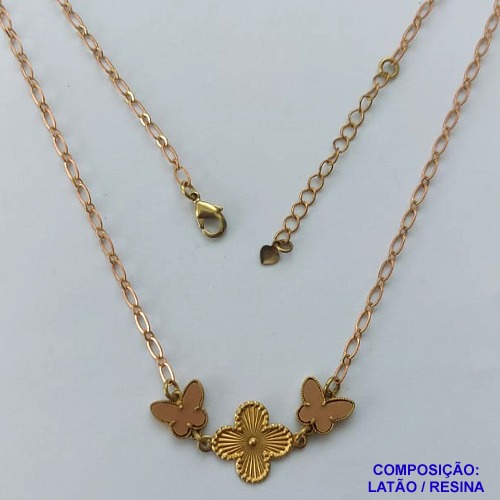 SHOCKER  NO BRUTO PRONTO PARA O BANHO - CORRENTE 40CM + EXTENSOR COM PINGENTES TIPO VAN CLEEF BORBOLETA MARROM 10MM - PESO TOTAL 2,7GR - COMPOSIÇÃO: LATÃO / RESINA - BRU14297