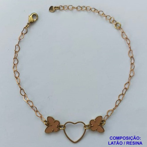 PULSEIRA NO BRUTO PRONTO PARA O BANHO - PULSEIRA COM CORRENTE 18CM + EXTENSOR COM PINGENTE TIPO VAN CLEEF BORBOLETA MARROM E CORAÇÃO VAZADO 10MM - PESO TOTAL 2,3GR - COMPOSIÇÃO: LATÃO / RESINA - BRU14296